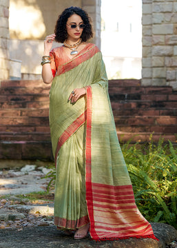 Leaf Green Woven Cotton Linen Saree