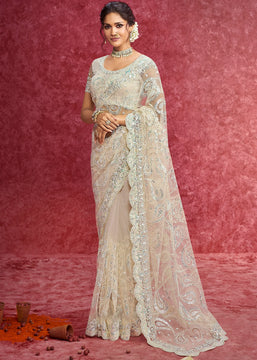 Beautiful Off White Embroidered Net Saree