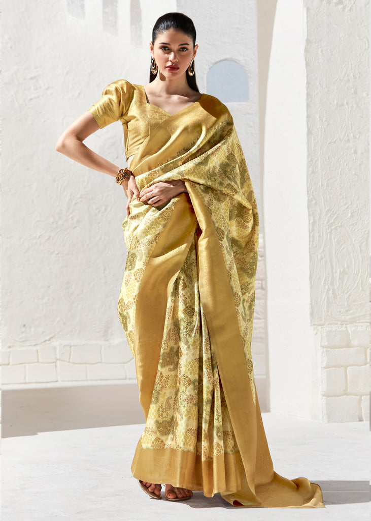 Custard Yellow Woven Banarasi Silk Saree With Digital Print