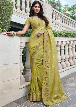 Pistachio Green Heavy Embroidered Designer Silk Saree (10580184727745)