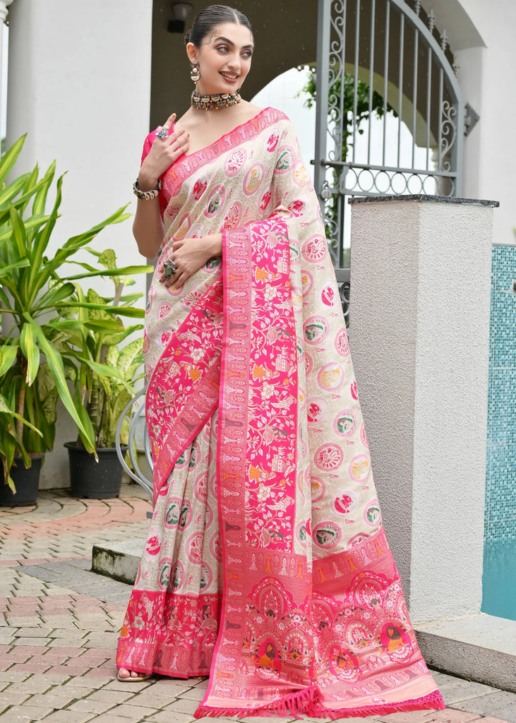 White & Pink Woven Banarasi Patola Silk Saree