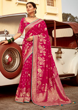 Raspberry Pink Woven Banarasi Designer Silk Saree With Embroidered Blouse