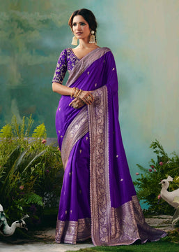 Purple Woven Embroidered Banarasi Silk Saree