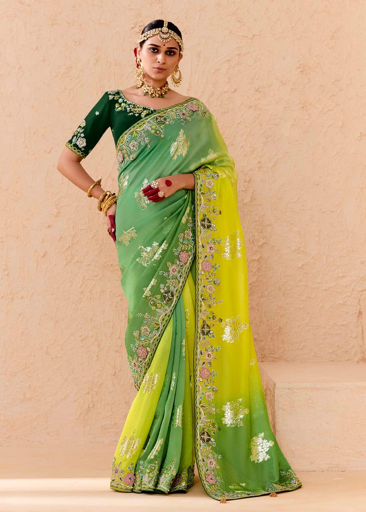 Lime Green Heavy Embroidered Designer Silk Saree