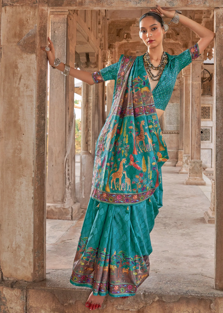 Rama Blue Printed Silk Saree