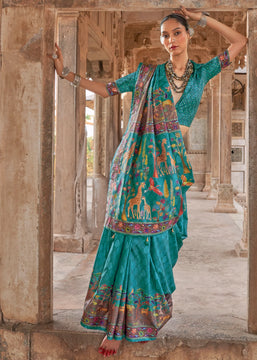 Rama Blue Printed Silk Saree