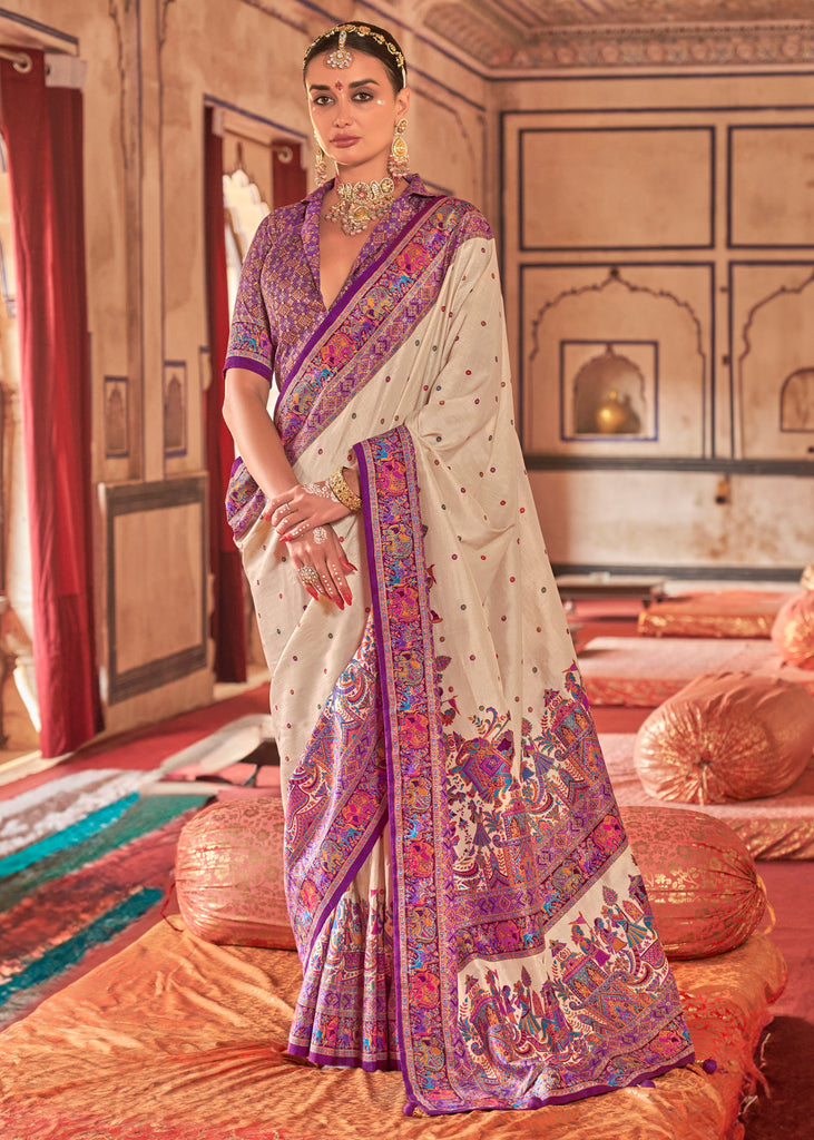 Dahlia Purple Printed Kashmiri Jamewar Saree