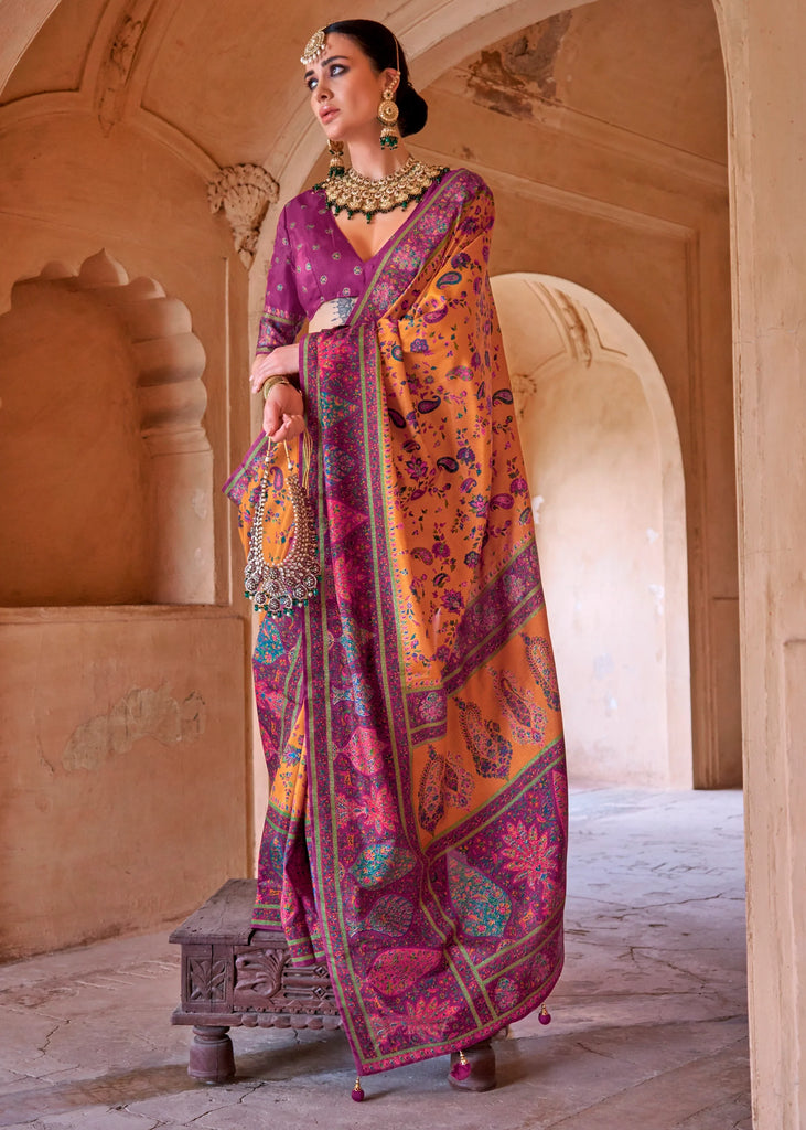 Blazing Orange Printed Kashmiri Jamewar Saree