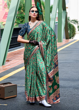 Aspen Green Satin Crepe Digital Printed Saga Saree With Contrast Blouse