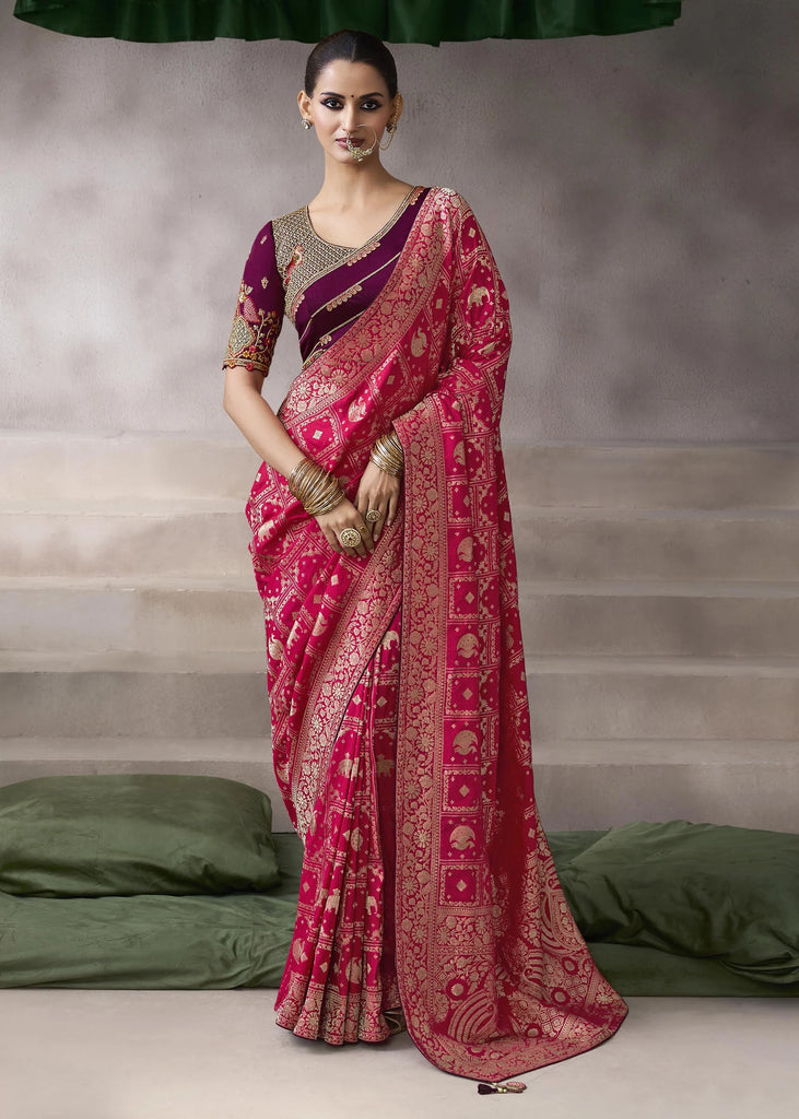 “Exclusive Offer” : Princess Pink Banarasi Designer Saree With Embroidered Blouse