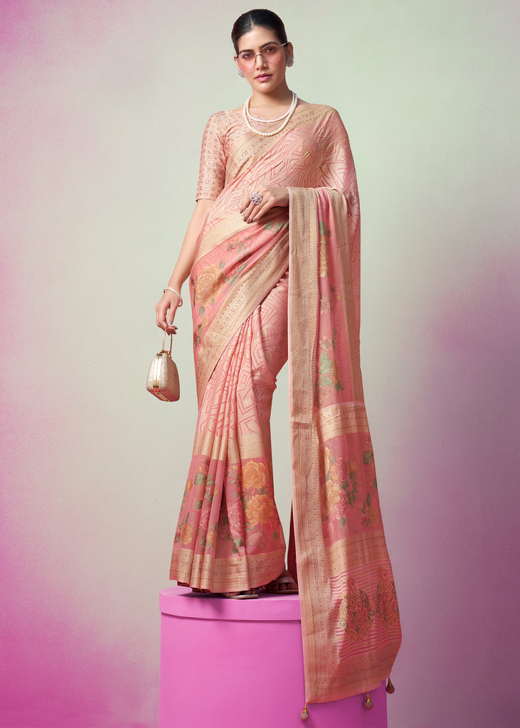 Peach Pink Woven Georgette Silk Saree