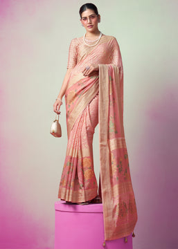 Peach Pink Woven Georgette Silk Saree