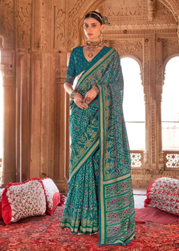 Teal Blue Printed Patola Georgette Silk Saree