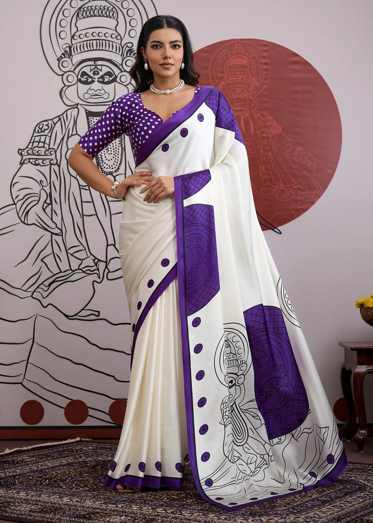 Purple And White Printed Satin Silk Saree