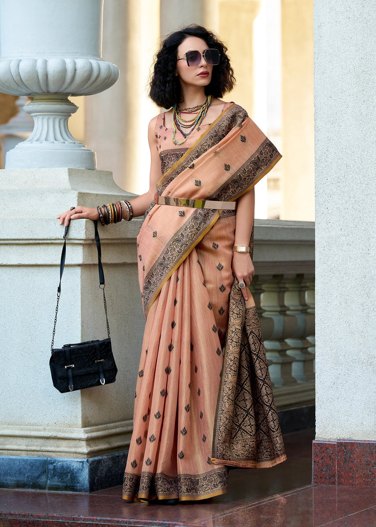 Dry Rose Pink Woven Tissue Linen Silk Saree