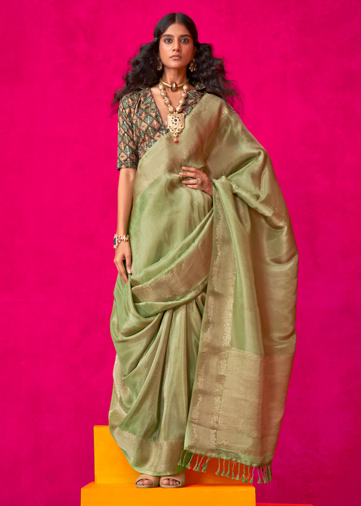 Lily Green Woven Banarasi Tissue Silk Saree With Contrast Blouse