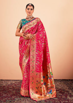 Bridal Red Woven Paithani Silk Saree With Contrast Blouse