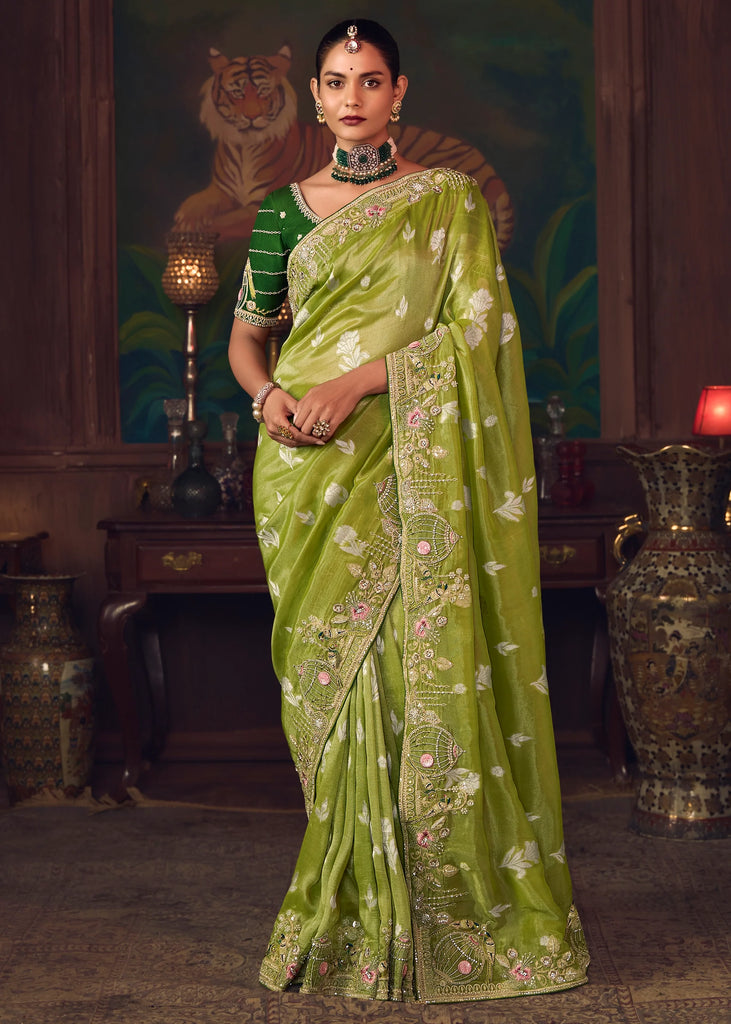 Sage Green Woven Embroidered Saree