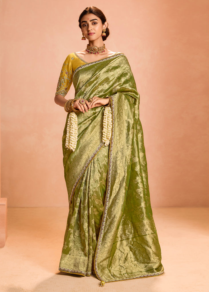 Henna Green Woven Banarasi Designer Tissue Silk Saree With Embroidered Blouse