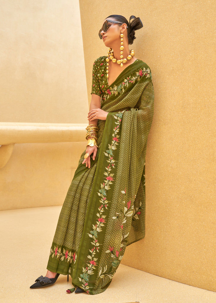 Pesto Green Printed Georgette Light Weight Saree