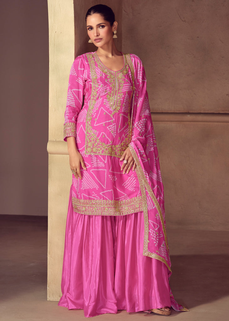 Hot Pink Embroidered Bandhej Sharara Suit Set