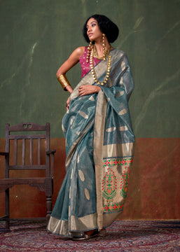 Fossil Grey Woven Paithani Tissue Silk Saree