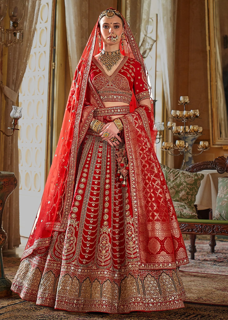 Festive Red Heavy Embroidered Designer Lehenga