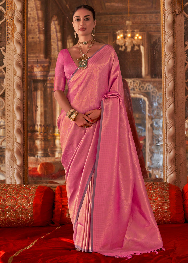 Carnation Pink Woven Kanjivaram Silk Saree