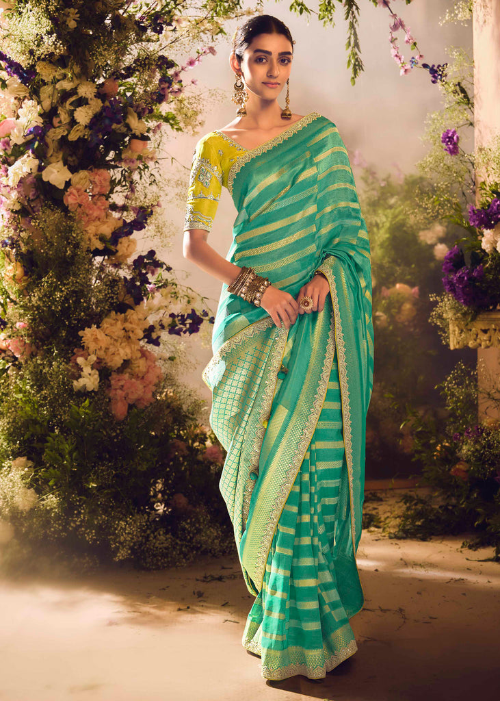 Electric Green Banarasi Designer Silk Saree With Embroidered Blouse