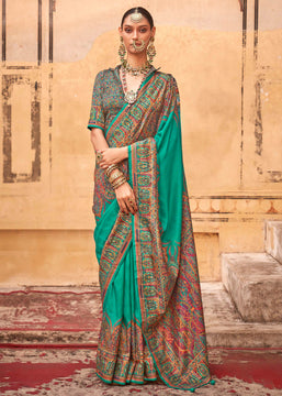 Pine Green Printed Kashmiri Jamewar Saree