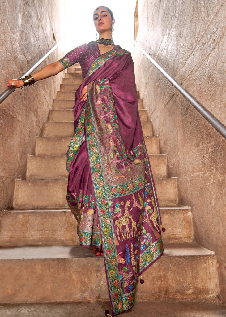 Wine Maroon Printed Silk Saree