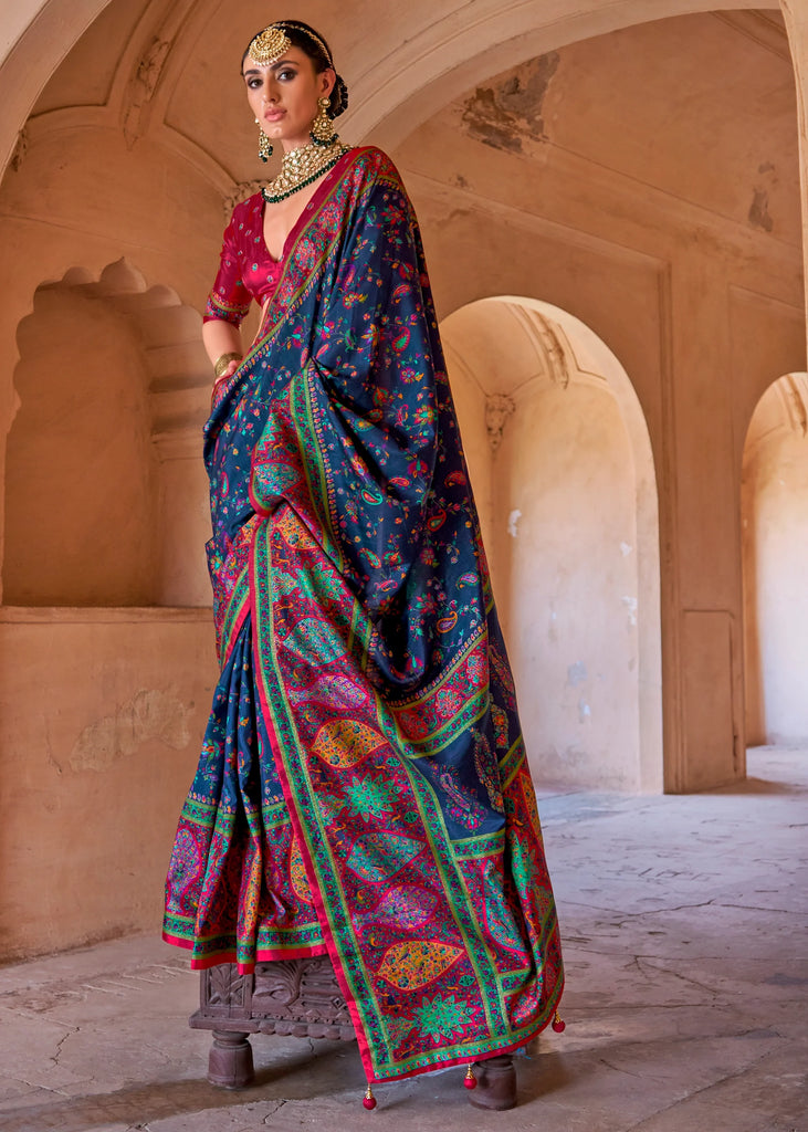 Dark Blue Printed Kashmiri Jamewar Saree