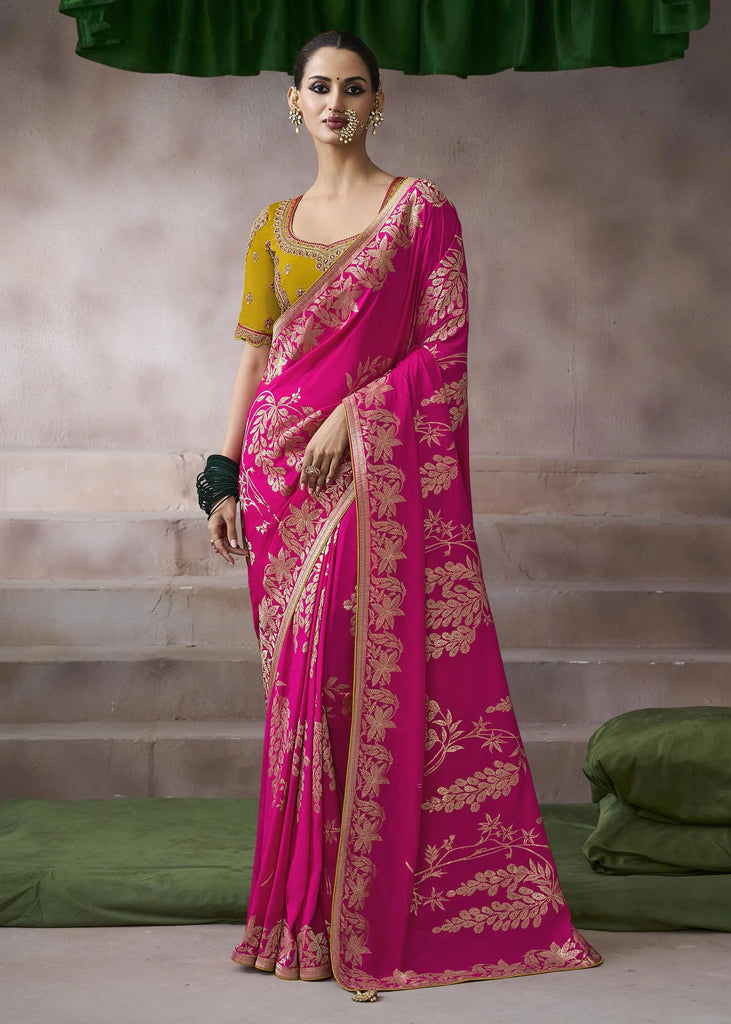 “Exclusive Offer” : Rich Pink Banarasi Designer Saree With Embroidered Blouse