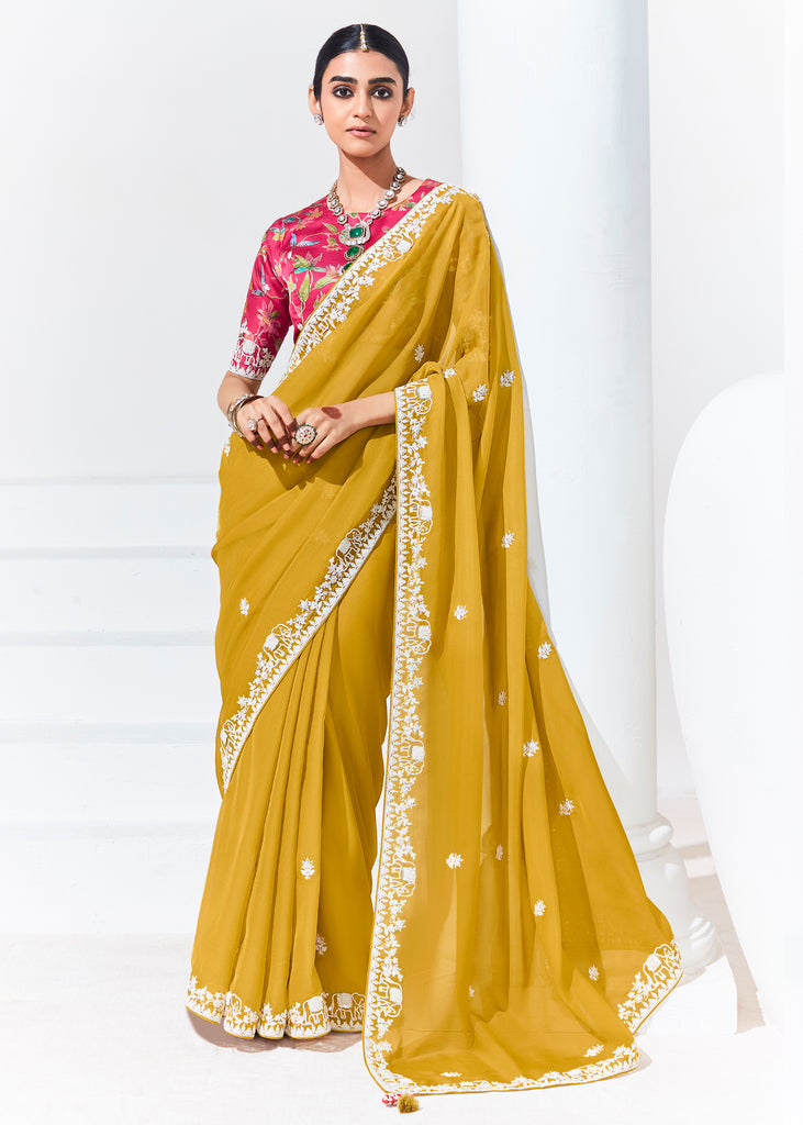 Misted Yellow Designer Organza Tissue Silk Saree With Printed Blouse