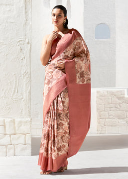 Paprika Red Woven Banarasi Silk Saree With Digital Print