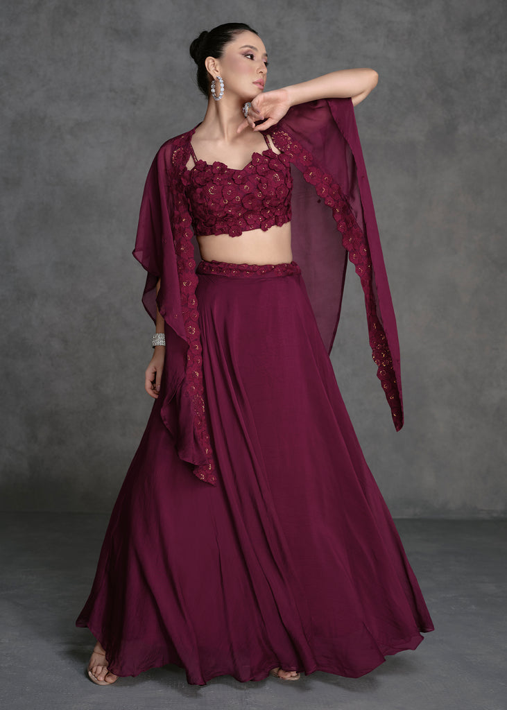 Cocktail Maroon Party Wear Lehenga With Jacket