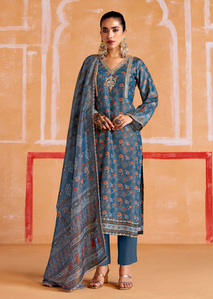 Coral Blue Embroidered Suit Set With Digital Print