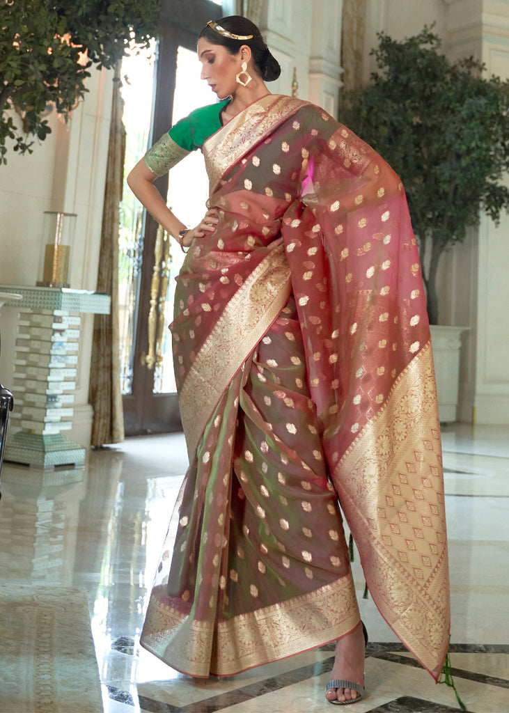 WALNUT BROWN WOVEN ORGANZA SILK SAREE (6918681755841)