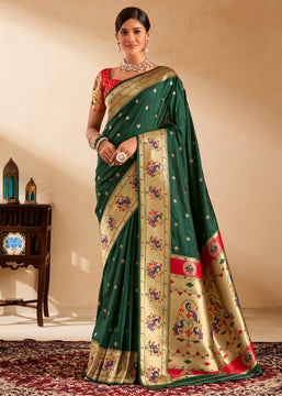 Forest Green Woven Paithani Silk Saree With Contrast Blouse