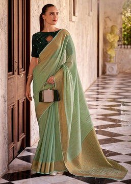 Ming Green Woven Banarasi Linen Silk Saree with Velvet Blouse