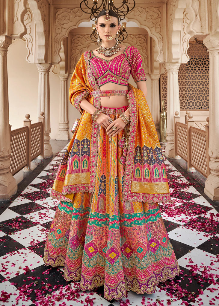 Pink & Yellow Banarasi Silk Embroidered Lehenga