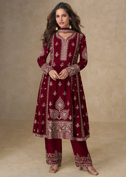 Beautiful Maroon Embroidered Suit Set