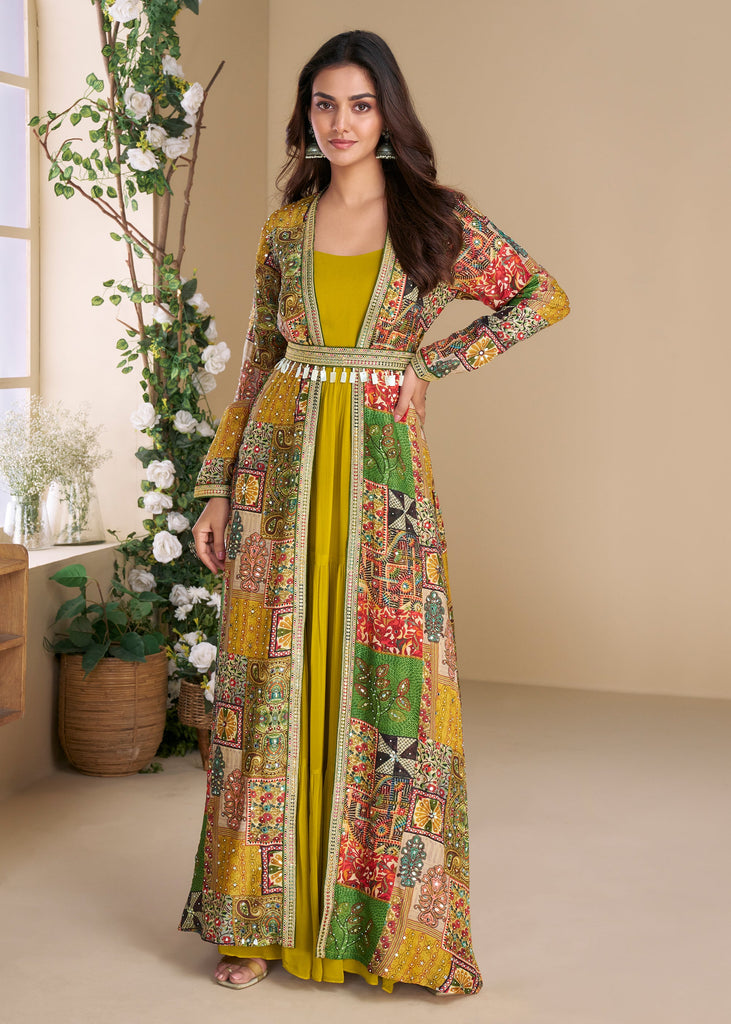 Antique Yellow Shrug Style Anarkali with Embroidered Work