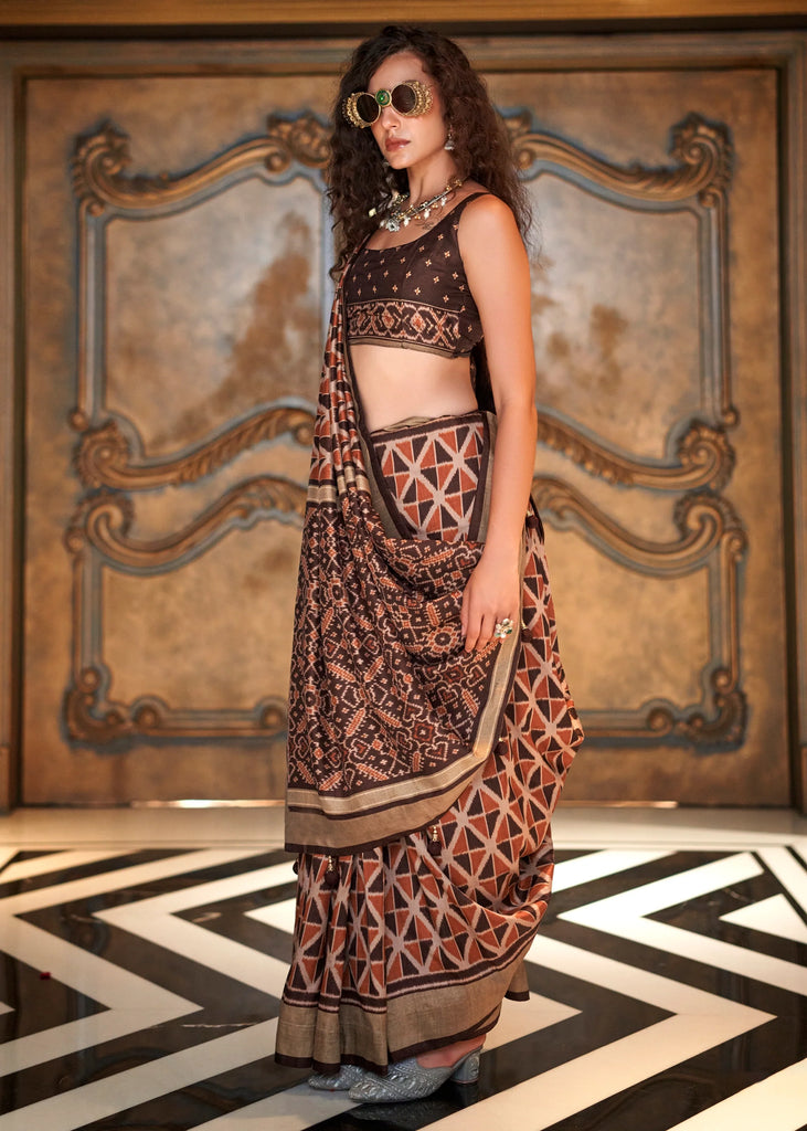Coffee Brown Printed Patola Silk Saree