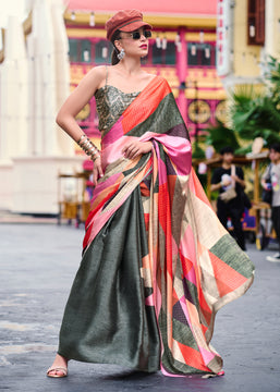 Multicolor Satin Crepe Printed Silk Saree