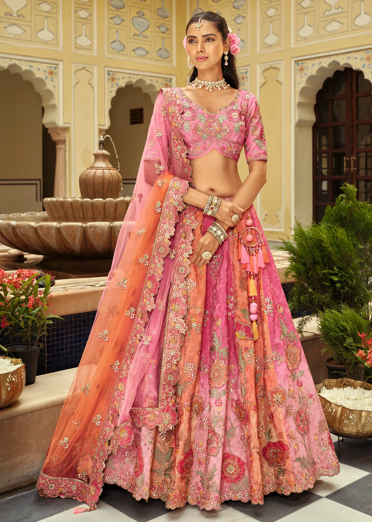 Peach & Pink Embroidered Stitched Designer Lehenga