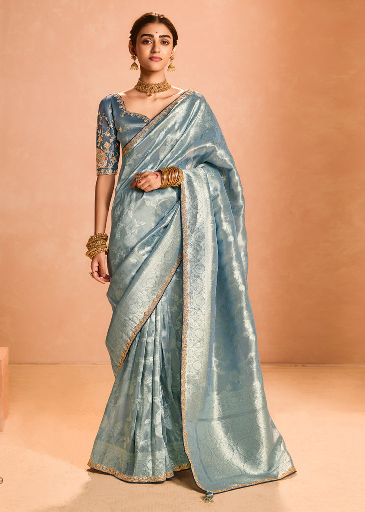 River Blue Woven Banarasi Designer Tissue Silk Saree With Embroidered Blouse