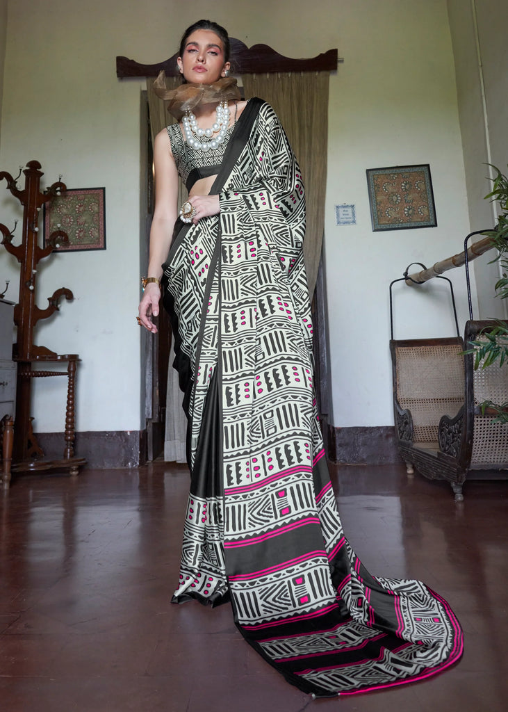 Grey Black Printed Satin Crepe Saree