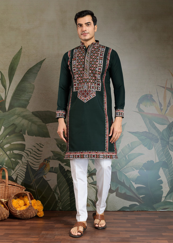 Hunter Green Embroidered Stitched Kurta Set