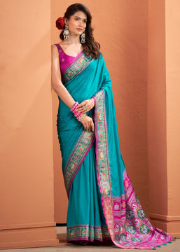 Teal Blue Woven Banarasi Patola Silk Saree